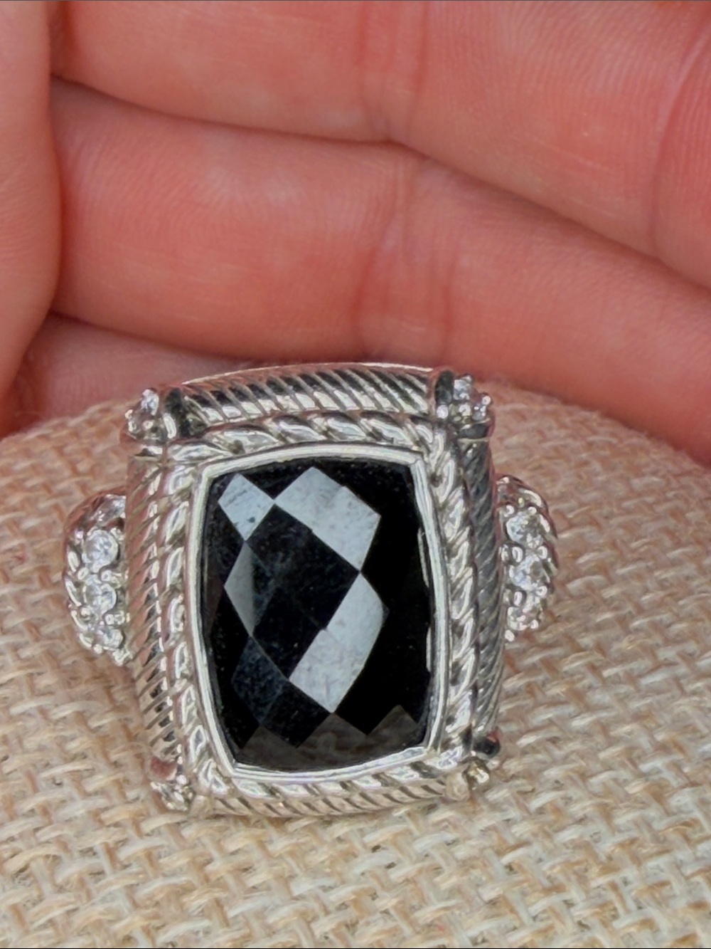 Judith Ripka Sterling Silver Black Faceted Onyx Statement Ring Sz 7